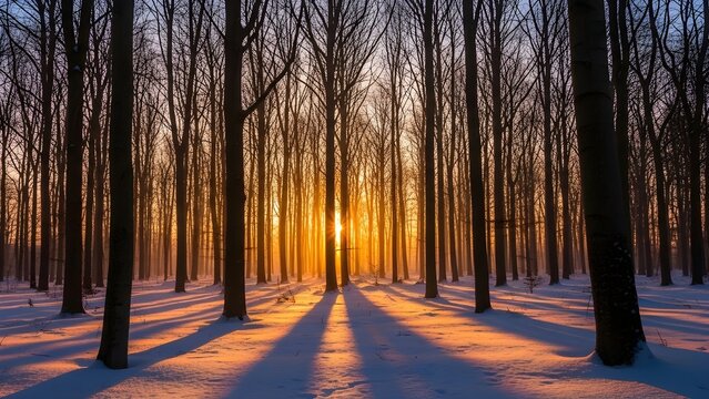 Cautivador amanecer del solsticio de invierno iluminando un paisaje forestal cubierto de nieve