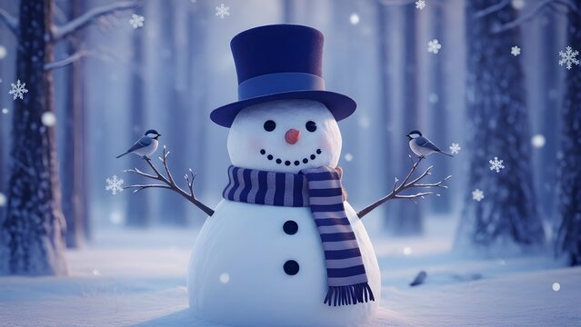 Feliz Navidad y pr&oacute;spero a&ntilde;o nuevo tarjeta de felicitaci&oacute;n con espacio de copia. Feliz mu&ntilde;eco de nieve parado en el paisaje invernal. Fondo de nieve