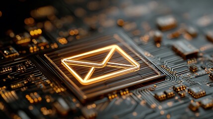Glowing email icon on a circuit board, showcasing digital communication and technology