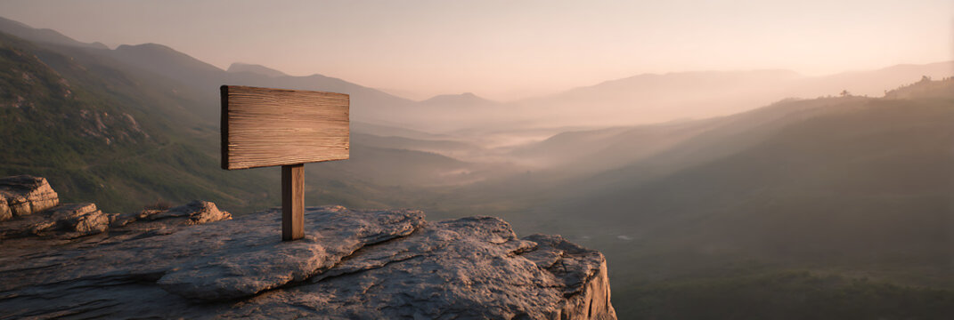 Blank wooden signpost standing on a rocky cliff edge overlooking a vast misty mountain valley during a golden sunrise with copy space for text direction or advertisement