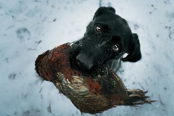 German Wirehaired Pointer female Mamba in the snow and during snowfall