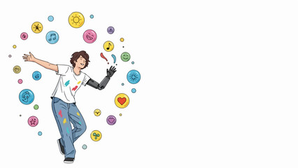 Fototapeta premium Person with creative prosthetic arm generating ideas. Illustration shows bionic limb interacting with colorful symbols of innovation, representing creative prosthetic arm.