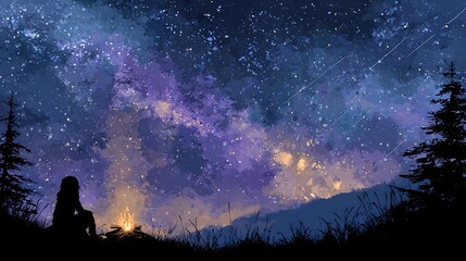 Obraz premium Silhouette figure observes a vivid, starry night sky with a campfire and mountain silhouettes