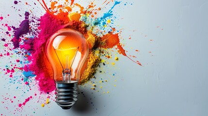 Vibrant Light Bulb with Colorful Paint Splash on White
