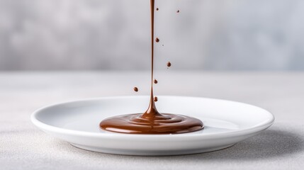 Rich, glossy chocolate sauce elegantly drips from a spoon onto a pristine white plate, creating a delightful visual of indulgence and culinary artistry