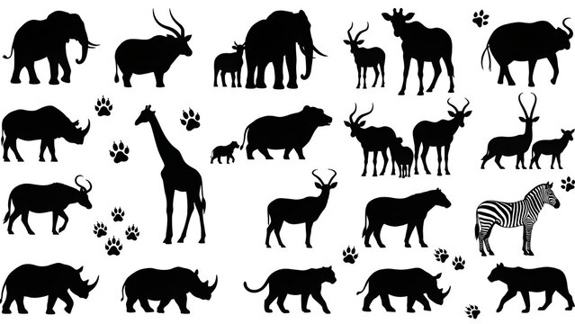 Siluetas de animales africanos con huellas.
 Le&oacute;n vectorial, elefante, rinoceronte y guepardo, jirafa safari, cebra, hipop&oacute;tamo, b&uacute;falo y ant&iacute;lope con huellas de patas y pezu&ntilde;as.
 Rastros aislados de