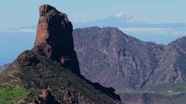 Roque Bentayga Aerial View with Mount Teide and Tenerife in Background, Gran Canaria Highlands, Spain - 4K Cinematic Summit