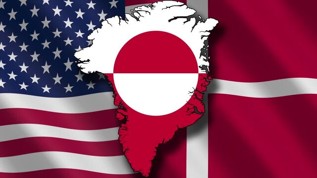 Map of Greenland with the flags of the United States and Denmark in the background. Conflict between Denmark and US about Greenland. Global struggle for Greenland's sovereignty.