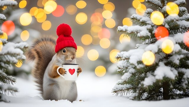 Una alegre y linda ardilla con un gorro de punto bebe cacao de una taza en el contexto de un bosque invernal con abetos, nieve y luces coloridas.
 Postal para las vacaciones de A&ntilde;o Nuevo.