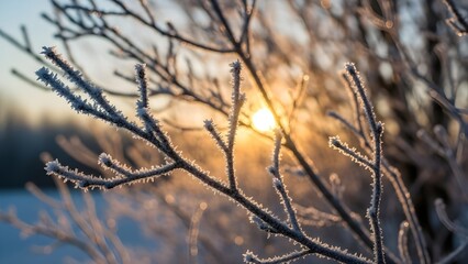 Ramas de abedul cubiertas de escarcha (Betula pendula) en el paisaje invernal retroiluminadas por el sol de &aacute;ngulo bajo.
 Enfoque selectivo y poca profundidad de campo.