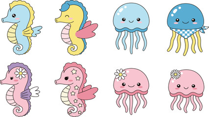 Cute Sea Life Character Set Featuring Kawaii Seahorses and Jellyfish with Floral and Nautical Accessories. © MstSuborna