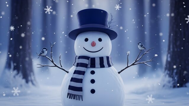 Feliz Navidad y pr&oacute;spero a&ntilde;o nuevo tarjeta de felicitaci&oacute;n con espacio de copia. Feliz mu&ntilde;eco de nieve parado en el paisaje invernal. Fondo de nieve