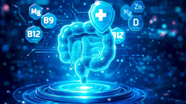 Digestive Health Concept with Glowing Human Intestine Display, Nutrient Elements and Medical Wellness Technology Visualization