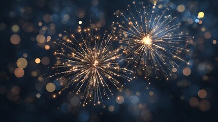 Glowing celebratory fireworks exploding in a night sky with bokeh effect in golds and blues