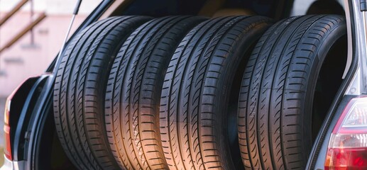 Four summer tires placed in open car trunk © AlexGo