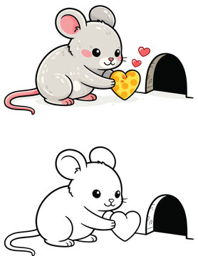 A coloring page and vector picture of a cute mouse clutching a heart-shaped cheese next to a mousehole Isolated Valentine's Day animal