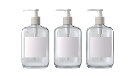 Three Clear Soap Dispensers with White Pump Tops isolated on a transparent background