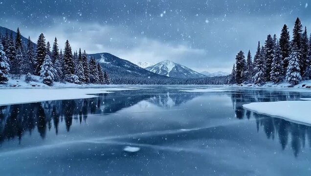Cinematic Winter Lake Landscape With Frost And Snowfall Video