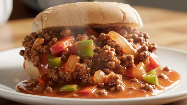 Delicious and Juicy Sloppy Joe Sandwich with Steaming Ground Beef, Bell Peppers, and Onions