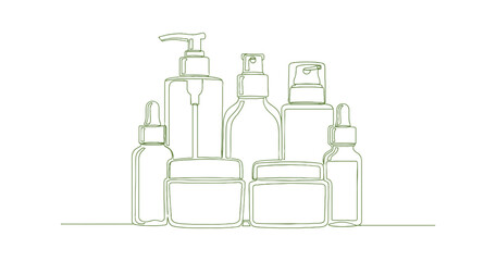 A continuous single line drawing of a set of cosmetic bottle packaging. This is a vector illustration of cosmetic bottles in a single line style. The line vector is editable.

