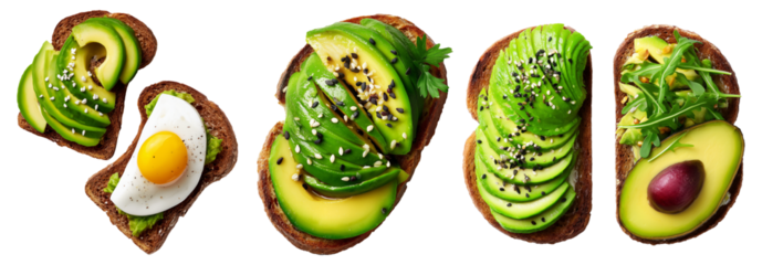 California avocado toast topped with ripe avocado slices, boiled egg, sesame seeds, herbs and sauce, isolated on white background