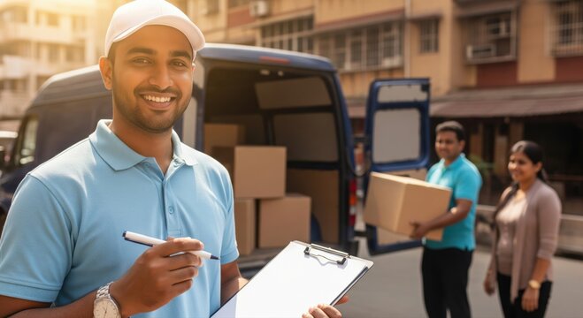 Courier in blue uniform holding a clipboard and pen in front of a delivery van while colleagues unload boxes - Powered by Adobe