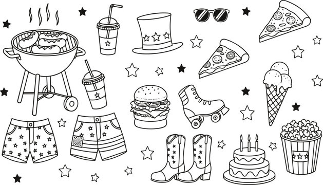 PrintAmerican Independence Day Celebration Line Art Icon Set Featuring BBQ Grill, Fast Food, Roller Skates, and Patriotic Elements.