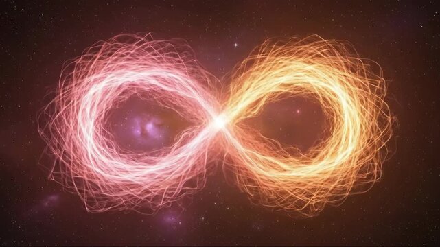 Glowing abstract lights intertwined in space, futuristic style, warm tones, cosmic love concept