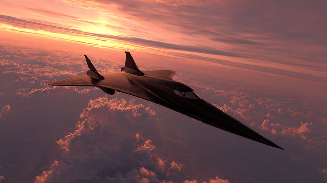 Futuristic Hypersonic Stealth Jet Flying Above Clouds at Sunset, Sleek Aerodynamic Concept Aircraft High Altitude Aerial View, Advanced Aerospace Technology Digital Illustration