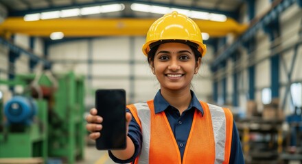 Smiling Indian female engineer in an orange safety vest holding a blue hardhat and presenting a smartphone screen