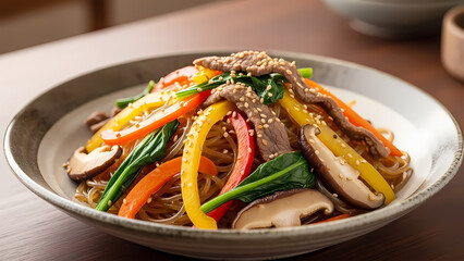 Closeup of Korean Japchae Glass Noodles Stir-Fried with Beef, Colorful Bell Peppers, Carrots, Mushrooms, and Spinach on White Plate