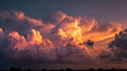 Sunset illuminated clouds over horizon