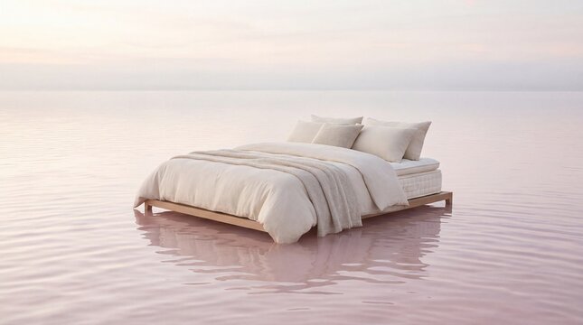 Serene bedroom setting floats on calm water at sunrise