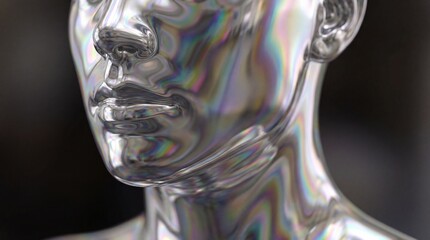 Iridescent holographic human head sculpture with rainbow reflections