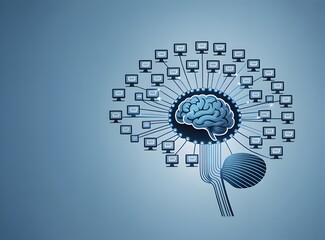 Brain connected to multiple computer monitors with network lines and nodes around it