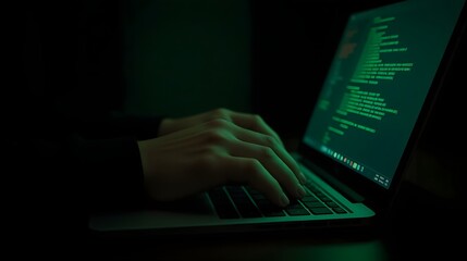 Late night coding session with hands on laptop keyboard in dark room