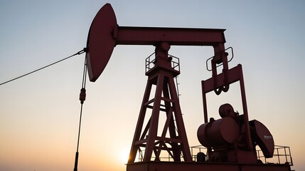Oil pump jack at sunset, industrial landscape