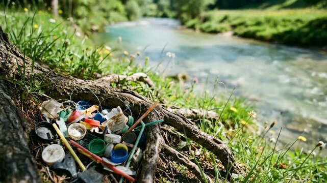 Plastic pollution on a riverbank with flowing water in the background. Pile of colorful garbage and bottle caps nestled in tree roots. Environmental waste concept