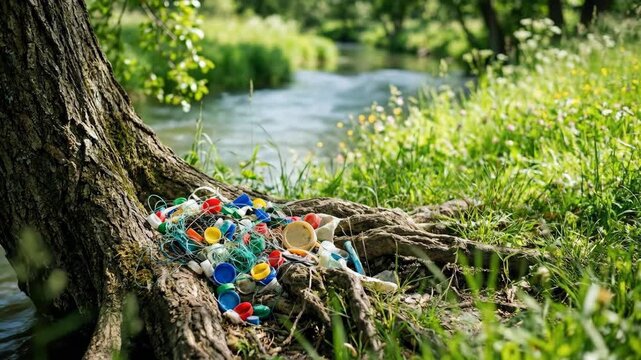 Plastic pollution and garbage pile among tree roots on a river bank. Colorful bottle caps and debris littering a forest stream environment