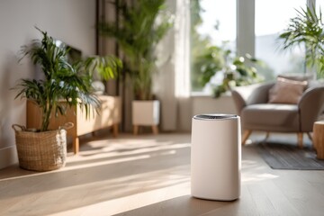 Fototapeta premium Modern air purifier in sunlit room with plant