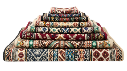 Stack of intricately designed colorful rugs arranged in a pyramid shape, showcasing traditional patterns and vibrant colors, ideal for interior decoration.