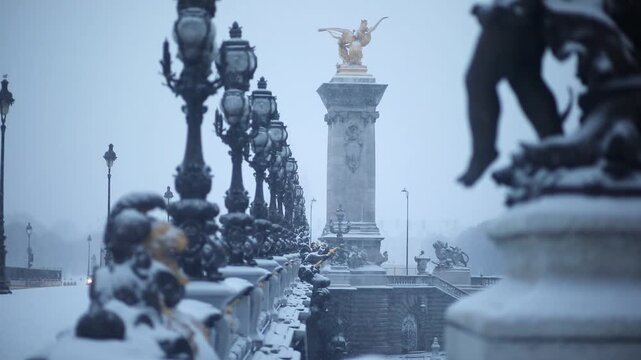 Snow-covered Alexandre III bridge in Paris during winter snowfall, with ornate street lamps and golden statues creating a picturesque and atmospheric cityscape