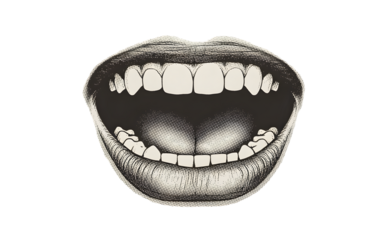 A black and white illustration of an open mouth with teeth isolated on transparent background