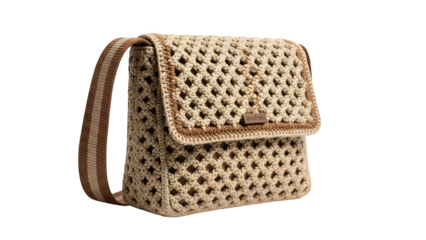 Handmade crocheted beige backpack with brown accents and striped strap perfect for casual outings and everyday use featuring a unique woven design.