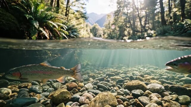 Split-level view of a rainbow trout swimming in a clear river. Underwater shot of fish in a stream with a forest landscape above the surface. Freshwater wildlife concept