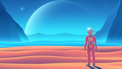 Colorful space background with an astronaut standing on an alien planet