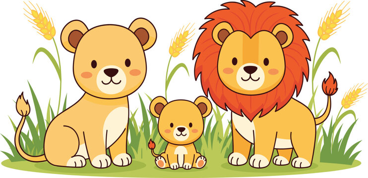 Cute Lion Family Illustration with Father Lion, Mother Lioness, and Little Cub in a Grassy Field with Wheat Stalks.
