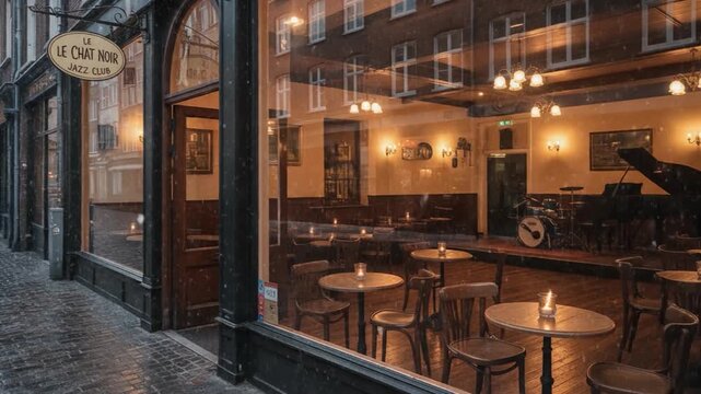 A quiet European caf&eacute; street with empty outdoor tables, warm interior lights, and light snow on the pavement, creating a cozy winter evening atmosphere.
