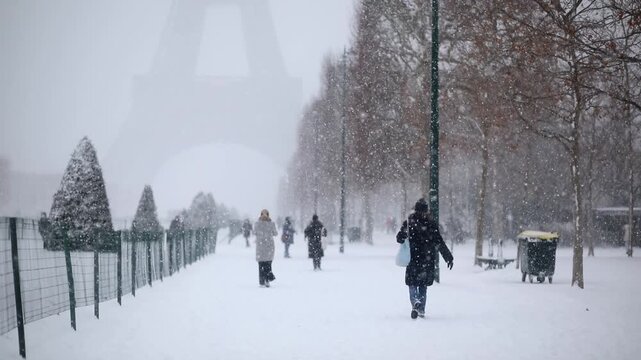 People walking through heavy snowfall on Champ de Mars near the Eiffel Tower in Paris. Snowstorm covers the scene in a wintery haze, creating a magical and atmospheric view of the city