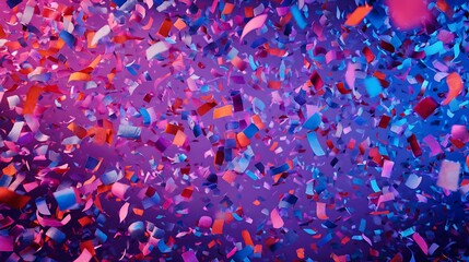Close-up of confetti pieces of varied colors falling against a vibrant, blended background
